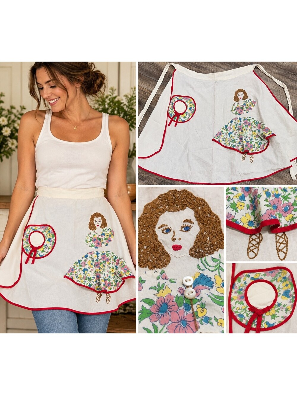 Handmade white apron with floral girl applique
